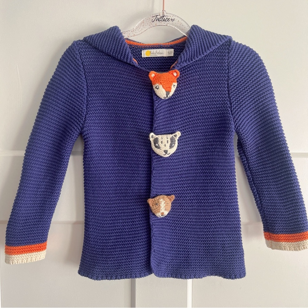 Mini Baby Boden 100% Cotton Woodland Creatures Cardigan With Hoodie Size 18-24m